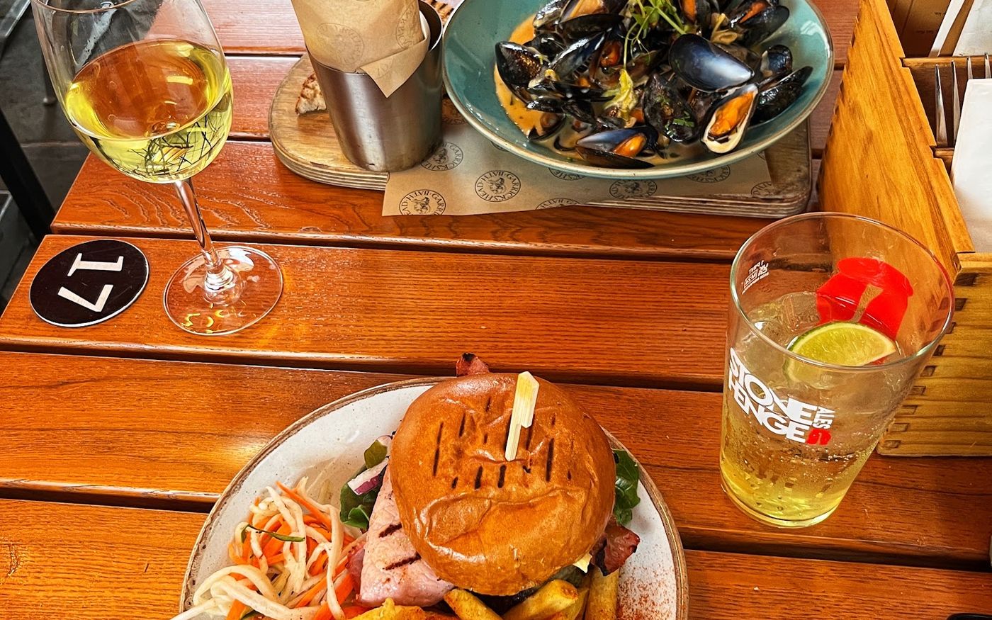 A burger-and-chips table scene at Garrick's Head